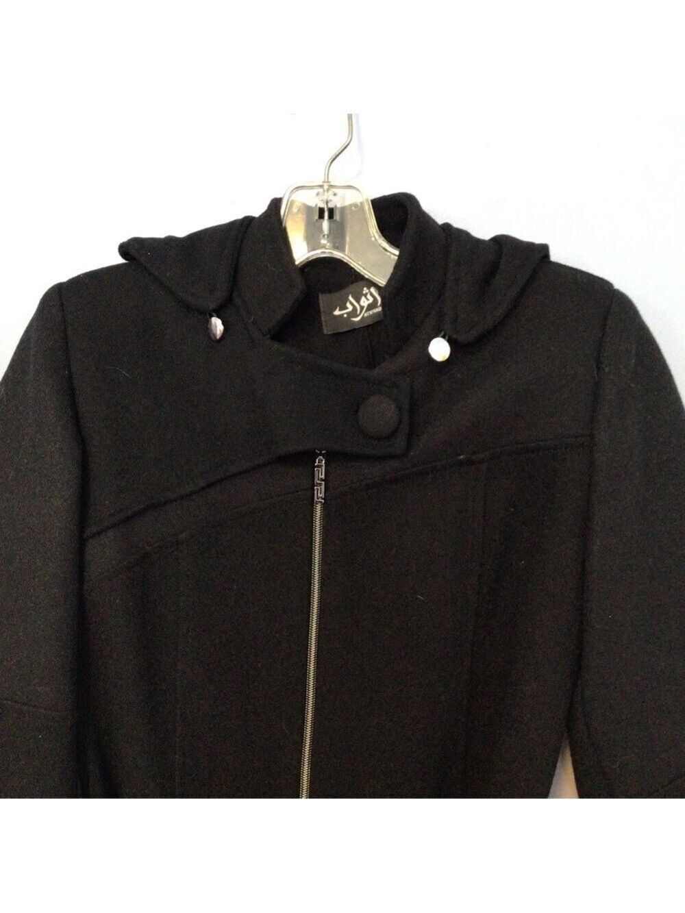 Athwab Black Long Belted Coat Removable Hood Full Zip Sz 40 Fits Like Small - Picture 3 of 11